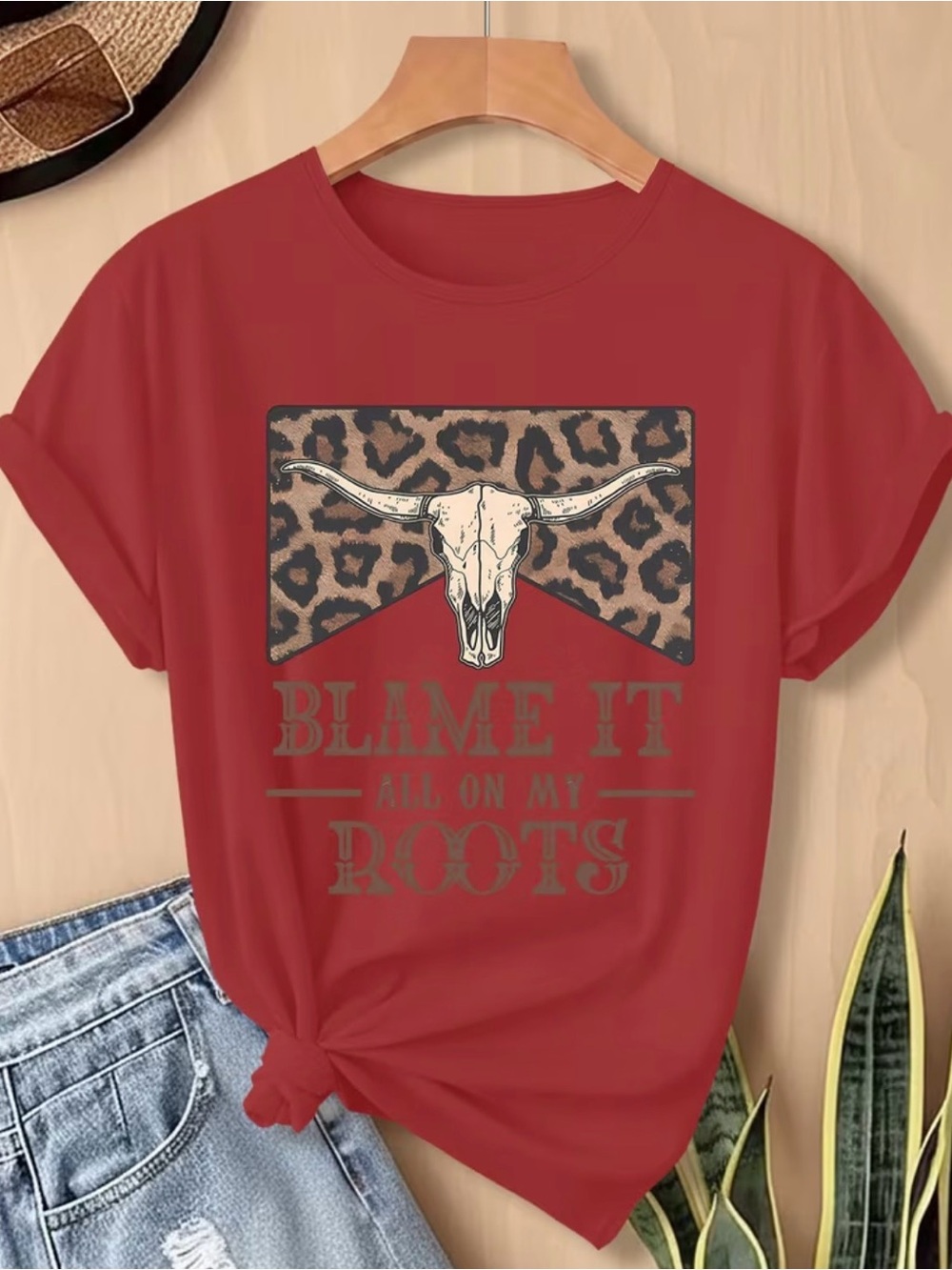 Western Tee Blame It All On My Roots Leopard Skull Graphic Tee - Red